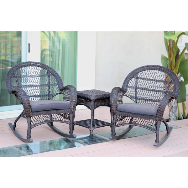 Jeco W00208-2-RCES033 Santa Maria Espresso Rocker Wicker Chair Set - Steel Blue Cushions - 3 Piece W00208_2-RCES033 - main